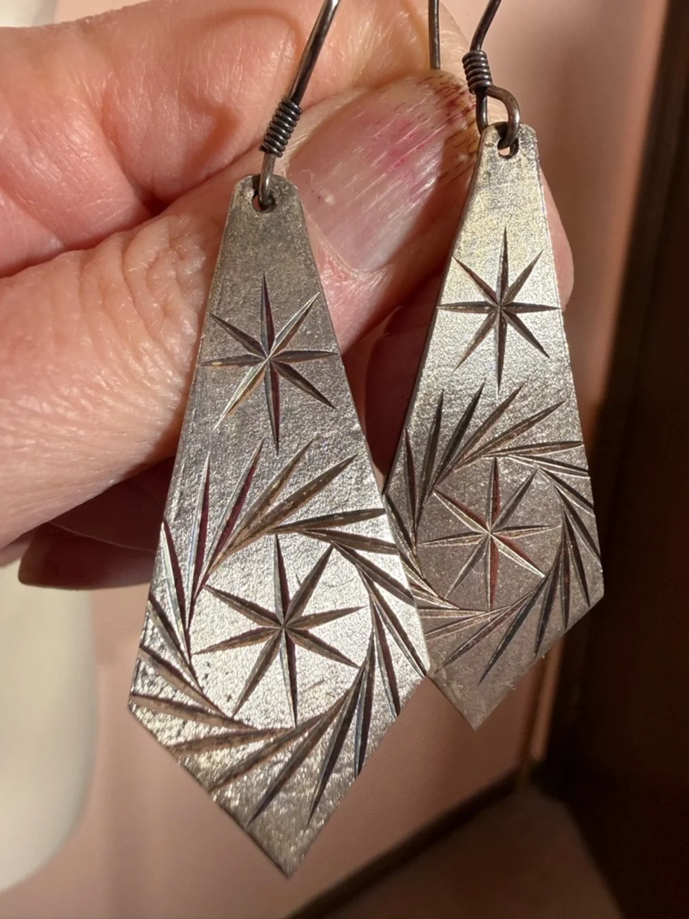 Vintage Taxco Sterling Silver modernist Star burst Long Oversized Earrings